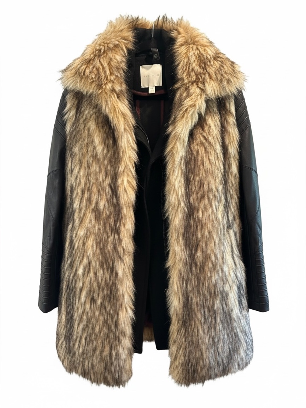 Women's Black Leather Jacket with Brown Faux Fur Trim